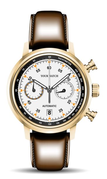 Realisztikus óra kronográf arany fehér fekete szám barna bőr szíj elszigetelt design klasszikus luxus vektor - Vektor, kép