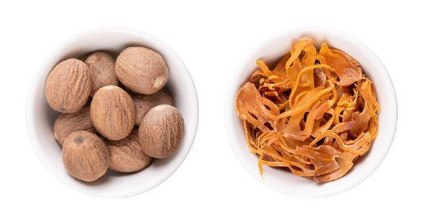 Dried true nutmegs and mace in white bowls. Whole seeds of Myristica fragrans, and the seed coverings of nutmeg seeds with yellow and orange tan. Used to flavor food and in preserving and pickeling. - Photo, Image