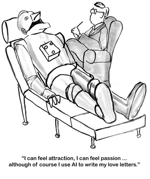 B & W карикатура робота, говорящего своему терапевту, что он использует ИИ для написания любовных писем. - Фото, изображение