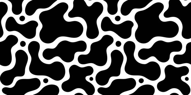 Schwarz-weißer Kuhdruck mit nahtlosem Muster. Retro abstraktes Muster in monochromer Farbe. Trendy Art Splash Tapeten-Design. - Vektor, Bild