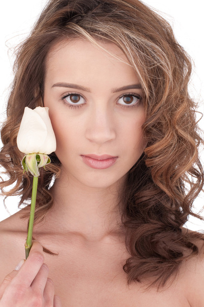 Close-up of beautiful girl with white rose flower - Fotoğraf, Görsel