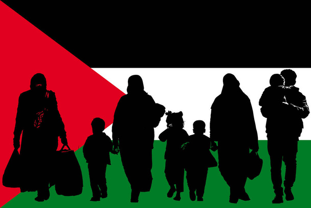 Πρόσφυγες από τη Λωρίδα της Γάζας στο βάθος της παλαιστινιακής σημαίας, σιλουέτα. Γυναίκες και παιδιά. - Φωτογραφία, εικόνα