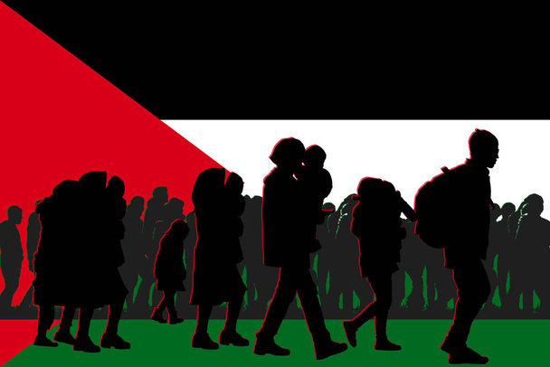\ Flüchtlinge aus dem Gazastreifen auf dem Hintergrund der palästinensischen Flagge, Silhouette. Frauen und Kinder. - Foto, Bild