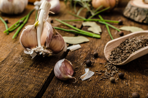 Onions, garlic and herbs bio from the garden - Fotó, kép