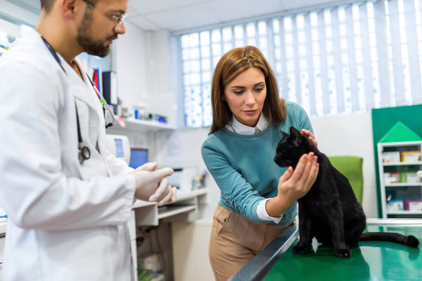 専門職による獣医である若者は,現代の獣医クリニックで猫を調べます.若い所有者はペットを落ち着かせ,獣医の専門家と話すのを助けます. - 写真・画像