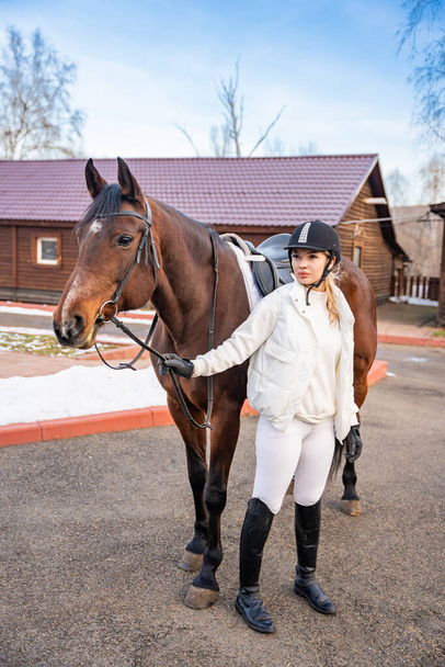 Pretty blond professional female jockey standing near brown horse on farm in winter. Friendship with horse concept. High quality photo - Photo, Image