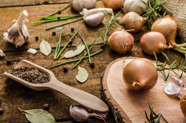 Onions, garlic and herbs bio from the garden - Фото, изображение