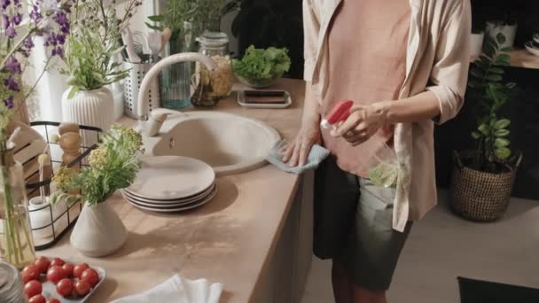 Наклонный снимок современной кавказской женщины, чистящей свой кухонный стол, распыляющей моющее средство и вытирающей тканью - Кадры, видео