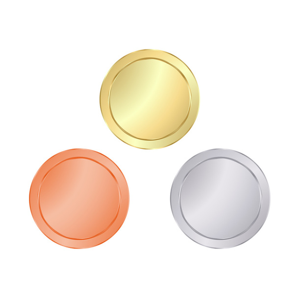 コインの空ベクトル テンプレートを空、価格タグ、ボタン、ボタン、アイコン、または金、銀、銅の光沢のある金属の質感とメダルを縫製 - ベクター画像