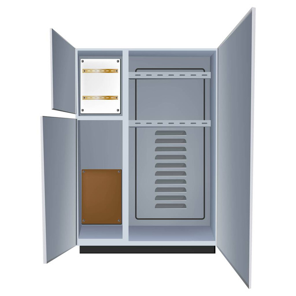 Quadro elettrico di alimentazione con porta aperta. Illustrazione vettoriale isolata su sfondo bianco. Illustrazione vettoriale - Vettoriali, immagini