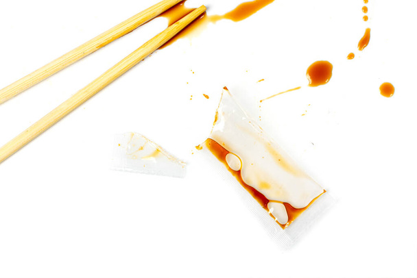 Spilled Soy Sause Isolated, Teriyaki Drops, Oyster Sauce, Balsamic Vinegar Puddles on White Background Top View - Фото, зображення