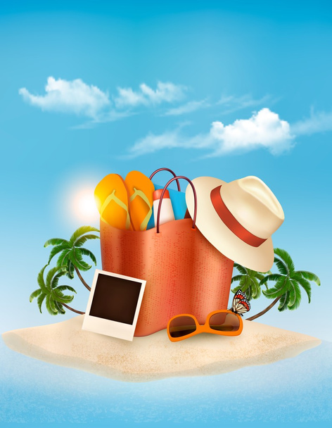 Vacation concept. Palm tree, photos and a bag full of beach clot - Vetor, Imagem