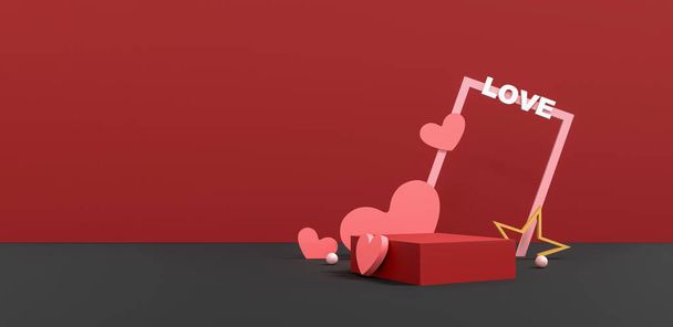 Hermosa representación 3D del concepto del día de San Valentín Tarjeta de felicitación romántica, diseño de exhibición de productos y podio con corazones, amor y sentimiento - Foto, Imagen