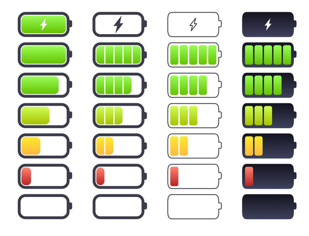 Indikátor nabití baterie se liší úrovní nabití. Symbol nabití baterie - Vektor, obrázek