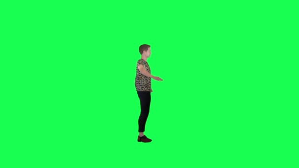 3D karikatura muž salutuje na ulici levý úhel zelené obrazovky vykresluje lidi chroma klíčová animace osoba dav chůze a mluvení - Záběry, video