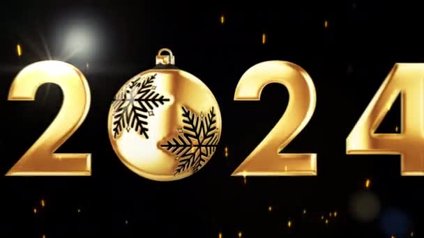 2024 złoty tekst śnieżka dla Szczęśliwego Nowego Roku z błyskiem światła i cząstek złota na czarnym abstrakcyjnym tle. Piękna typografia magia projekt ze złotymi błyszczącymi cząstkami. - Materiał filmowy, wideo