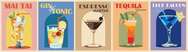 Cocktail posters set, Trendy printable kitchen wall art, bar cart decor with popular alcohol drinks - Tequila Sunrise, Espresso Martini, Gin and Tonic, Blue Lagoon, Mai Tai. Vector art illustrations. - Vector, Image