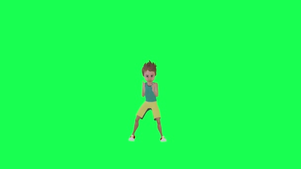 3d Geanimeerde tiener jongen in sportkleding dansen twerk, voorhoek chroma key groene achtergrond maken mensen chroma key animatie persoon menigte lopen en praten - Video