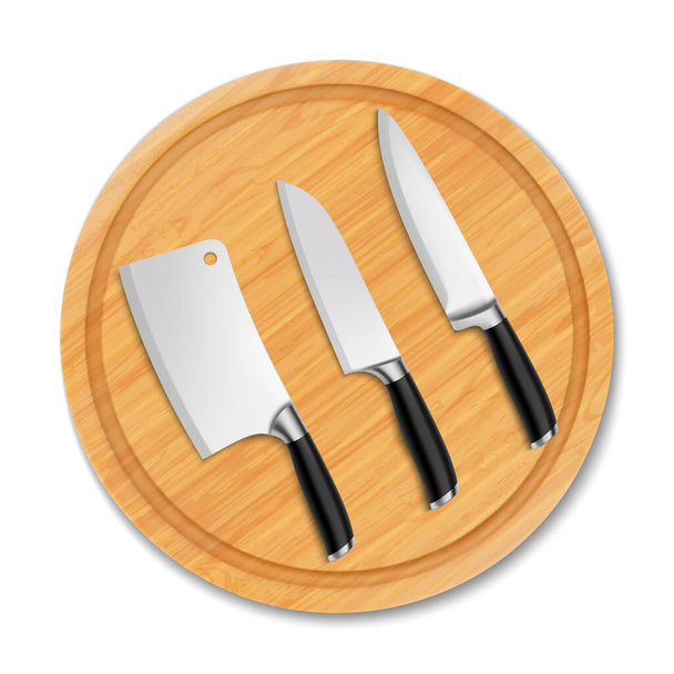 Facas de cozinha afiadas na placa de corte de madeira. Isolado em fundo branco. Uma faca para cortar verduras, carne, um machado em uma bandeja de madeira redonda. Ilustração vetorial 3D realista - Foto, Imagem