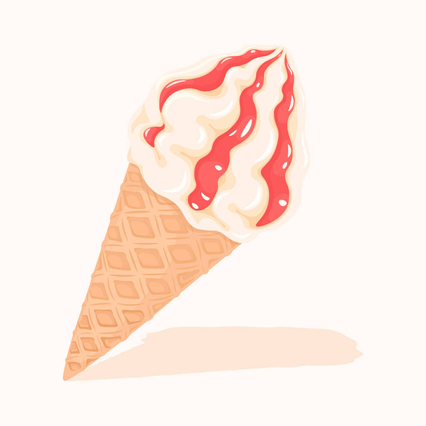 Zmrzlina s vanilkovou smetanou a bobulovým sirupem má úžasnou chuť, dezert, cukroví, cukr, vektor, ilustrace, izolované, pozadí, umění, jídlo, džem, vafle kornout - Vektor, obrázek