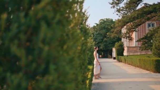 Mujer cruzando el callejón del jardín en la noche de verano solo. Chica despreocupada en vestido elegante blanco caminando hermoso parque verde con arbustos uniformemente recortados. Señora relajada disfrutar de un paseo tranquilo en el territorio de origen. - Metraje, vídeo