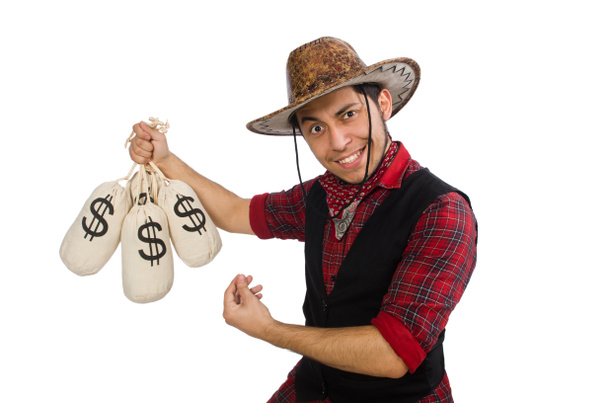 Vaquero joven con bolsas de dinero aisladas en blanco
 - Foto, imagen