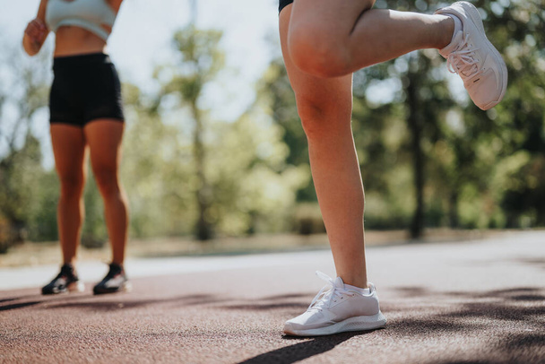 Formda ve aktif kadınlar parkta güneşli bir günün tadını çıkarıyorlar. Koşu, antrenman ve formda kalmak.. - Fotoğraf, Görsel