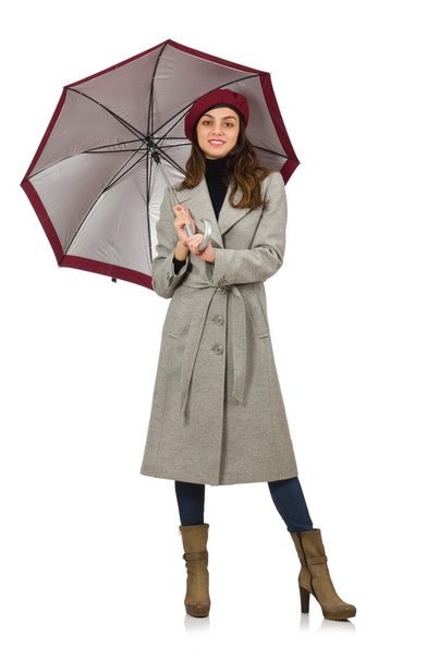 Γυναίκα με ομπρέλα απομονωμένη στο λευκό - Φωτογραφία, εικόνα