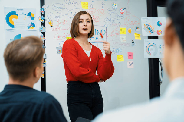 Professional attractive female leader presents creative marketing plan by using brainstorming mind mapping statistic graph and colorful sticky note at modern business meeting room. Immaculate. - Photo, Image