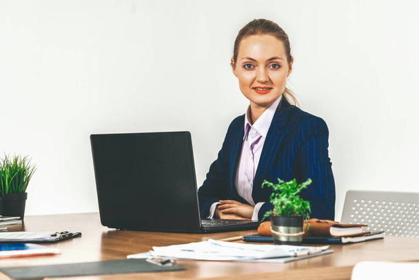 Jeune femme d'affaires attrayante PDG travaillant avec ordinateur portable dans le bureau. uds - Photo, image