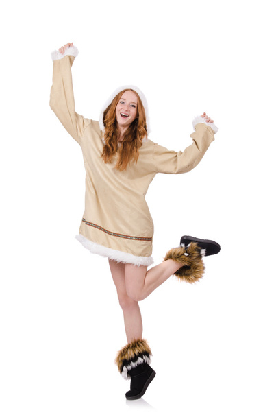 Eskimo girl wearing clothes of all fur isolated on white - Photo, Image
