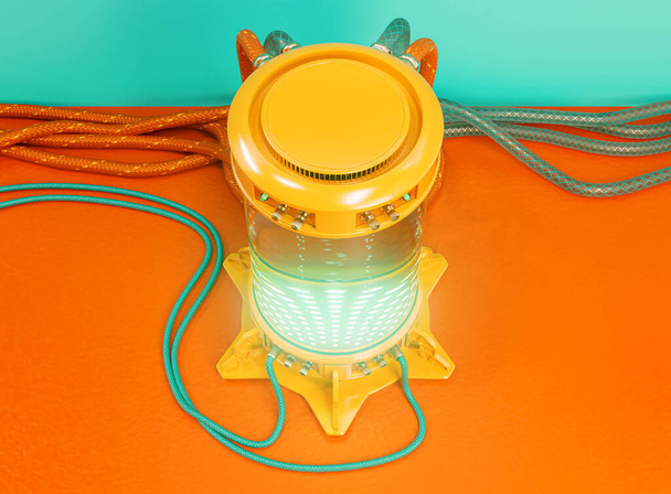 Une machine à tubes à essai cryogénique de laboratoire de science de concept futuriste aux couleurs vives remplie de liquide et de bulles avec des câbles connectés et des tuyaux en caoutchouc - 3D rende - Photo, image