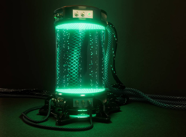 Een donkere futuristische concept science lab cryogene reageerbuis machine gevuld met gloeiende vloeistof en bellen met aangesloten kabels en rubberen buizen - 3D rende - Foto, afbeelding