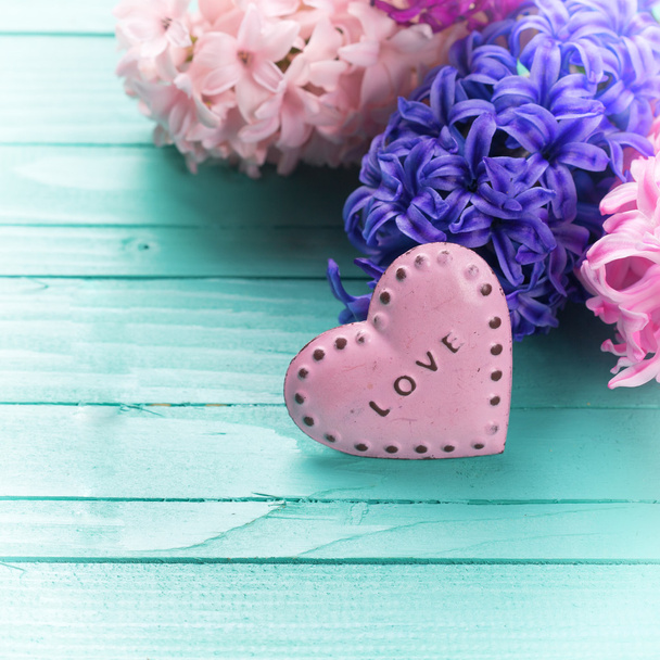 Background with fresh flowers hyacinths and heart - Photo, Image