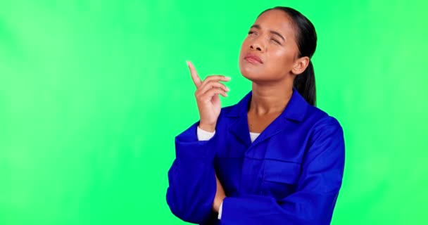 Green screen, woman and worker thinking of ideas for building, project or technician with problem solving on job. Industrial, decision and employee in warehouse, factory and idea for maintenance. - Footage, Video