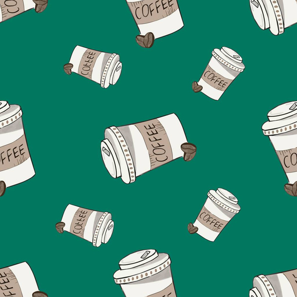 Seamless pattern with takeaway paper coffee cups  on green background. For wrapping paper, wallpaper, textile - Vector, Image