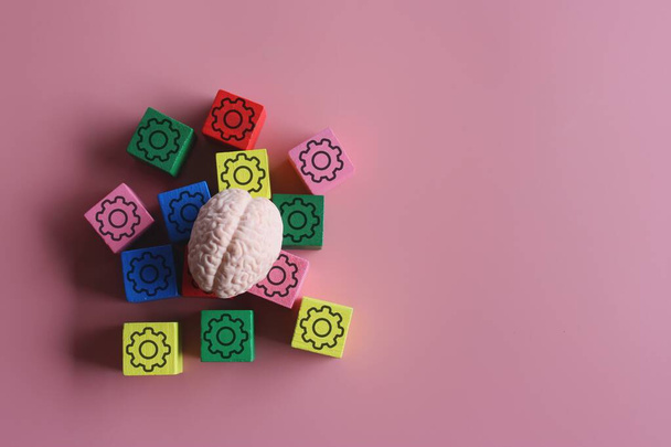 Closeup image of brain and wooden cubes with mechanical gear icon. Copy space for text. Thinking, brainstorming concept. - Photo, Image