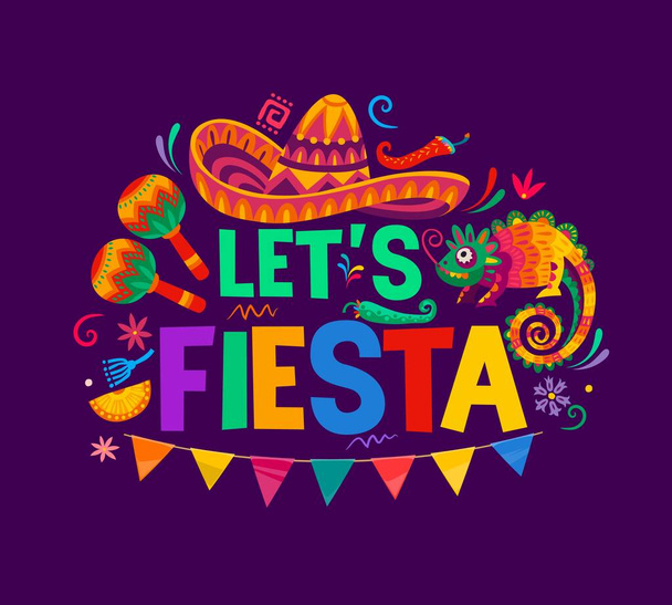 Meksykańska typografia fiesta z niech nam fiesta cytat, wektor Meksyk sombrero wakacje, marakasy i papryka chili. Jaszczurka kameleon, tropikalne kwiaty i wzór konfetti z flagami i śmieszne wyrażenie - Wektor, obraz