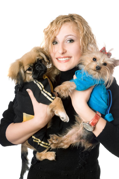 Portrait de jolie blonde souriante avec deux chiens. Isolé
 - Photo, image
