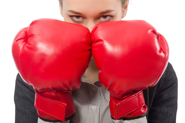 Businesswoman with boxing gloves isolated on white - Photo, Image