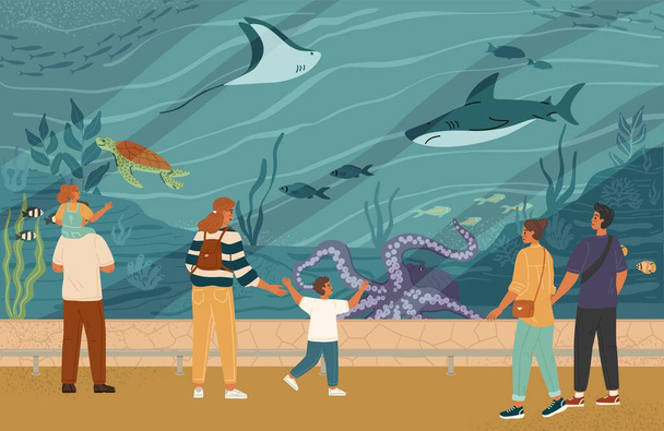 Άνθρωποι σε σκηνή ωκεάνιου με γονείς και παιδιά, αγαπητό ζευγάρι που παρακολουθεί θαλάσσια ζώα σε ενυδρείο. Τουριστική έλξη, Σαββατοκύριακο ψυχαγωγική δραστηριότητα υποβρύχιο κόσμο μουσείο διανυσματική απεικόνιση - Διάνυσμα, εικόνα