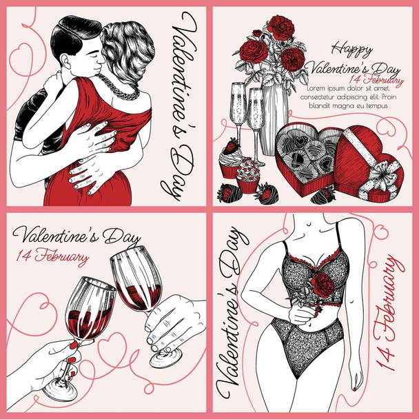  Σύνολο 4 κάρτες για την Ημέρα του Αγίου Βαλεντίνου. Εορταστικό δείπνο, εραστές σε τριαντάφυλλα, ποτήρια κρασί στα χέρια, κορίτσι με δαντελωτά εσώρουχα με τριαντάφυλλο - Διάνυσμα, εικόνα