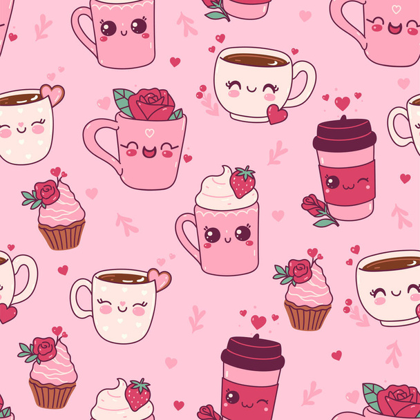 Seamless valentine's day pattern with cute mugs. Vector image. - Vector, Image