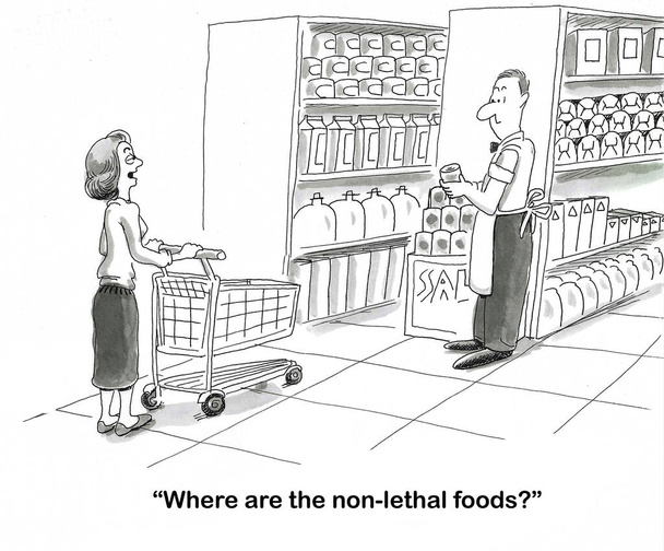 Desenhos animados de B & W de mulher querendo localizar os alimentos 'não letais' no supermercado. - Foto, Imagem