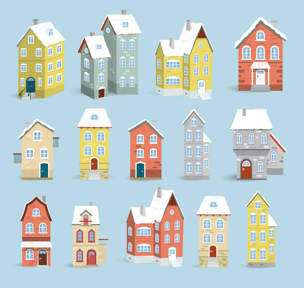 Векторная иллюстрация исторических красочных домов в зимнее время - Вектор,изображение