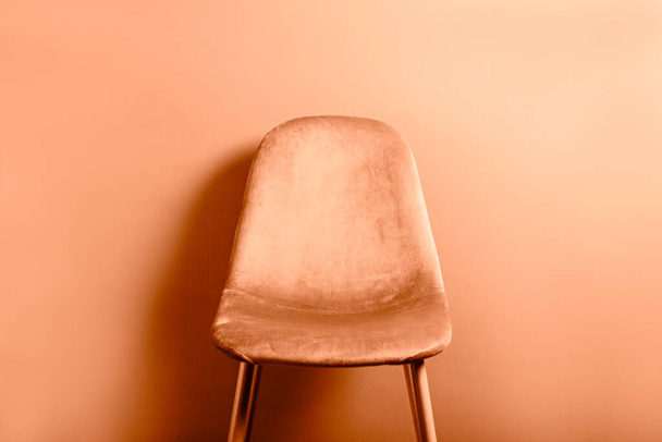 Modern Velour Sandalyesi Şeftali Tüylü, 2024 yılının rengi tahta bacaklı, gri arkaplan - Fotoğraf, Görsel