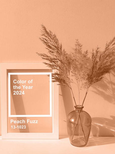 Peach fuzz is the color of the year 2024. Frame, glass vase and dry flowers toned in fashion blended pink-orange trend-setting colour of year Peach Fuzz - Photo, Image