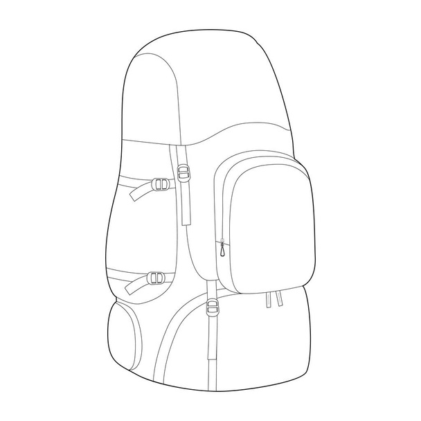 バックパック旅行大きなキャンプバッグ リュックサックの荷物のナップサックのシルエット. ファッションアクセサリー技術イラスト。 男性,女性スタイル,フラットハンドバッグCADモックアップのためのベクターサテルフロント3-4ビュー - ベクター画像