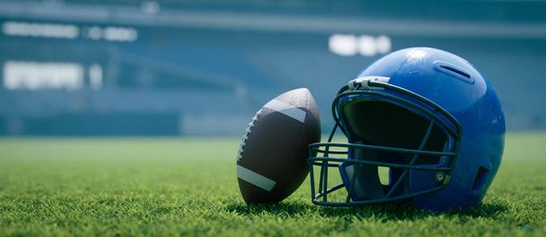 фон синего футбольного шлема на поле, 3D рендеринг - Фото, изображение