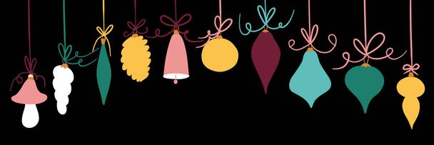 Колекція дрібничок на ялинку. Різдвяний м'яч для малювання рук, іграшка в старовинному стилі. Новорічні милі мультяшні діти кольорові елементи з орнаментом. Дитяча затишна плоска ізольована Векторна ілюстрація - Вектор, зображення